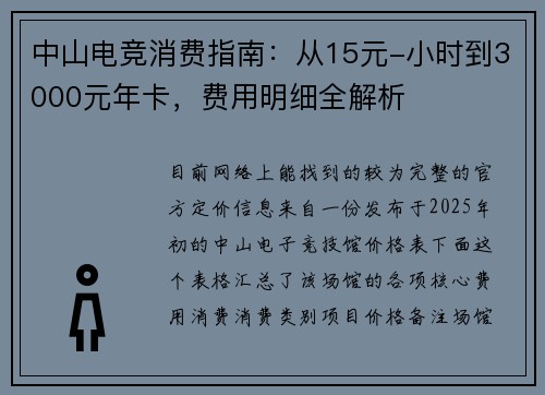 中山电竞消费指南：从15元-小时到3000元年卡，费用明细全解析